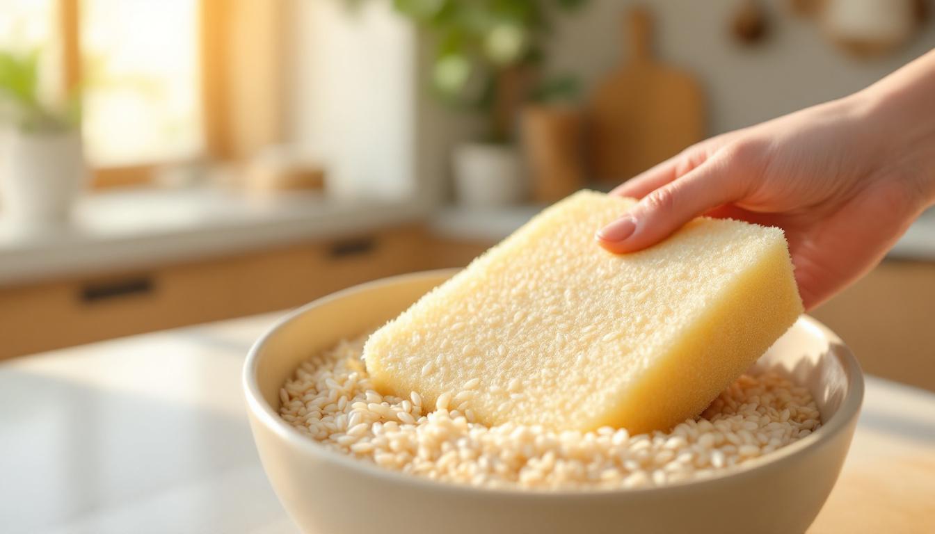 bewaar je spons in droge rijst om de levensduur te verdubbelen. ontdek hoe deze eenvoudige truc je spons langer fris houdt.