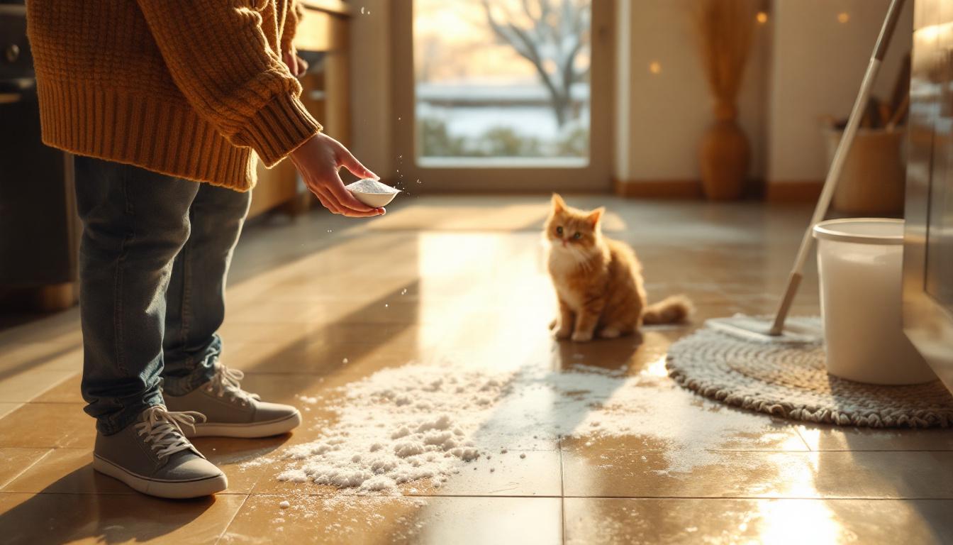 een theelepel van dit betaalbare keukenpoeder maakt tegelvloeren glanzend en verwijdert moeiteloos wintervuil.