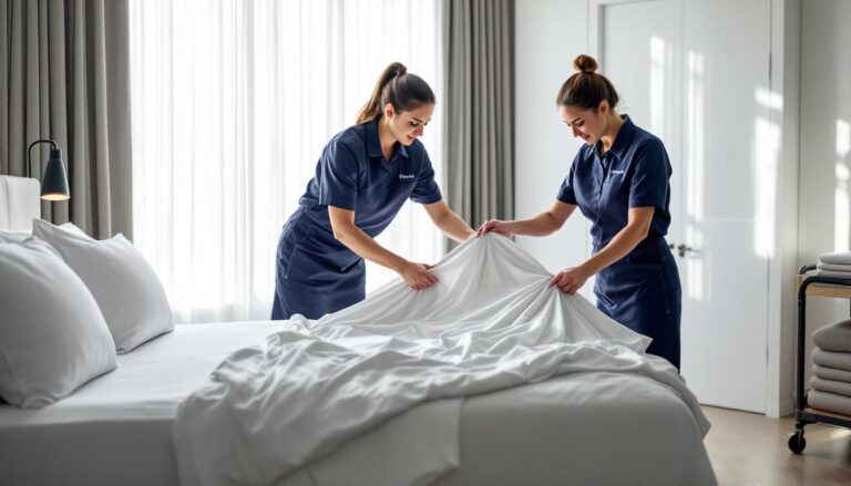 hotelpersoneel gebruikt de &apos;laundry burrito&apos;-vouwtechniek om hoeslakens netjes en strak te houden, waardoor het beddengoed er verzorgd uitziet en langer meegaat.