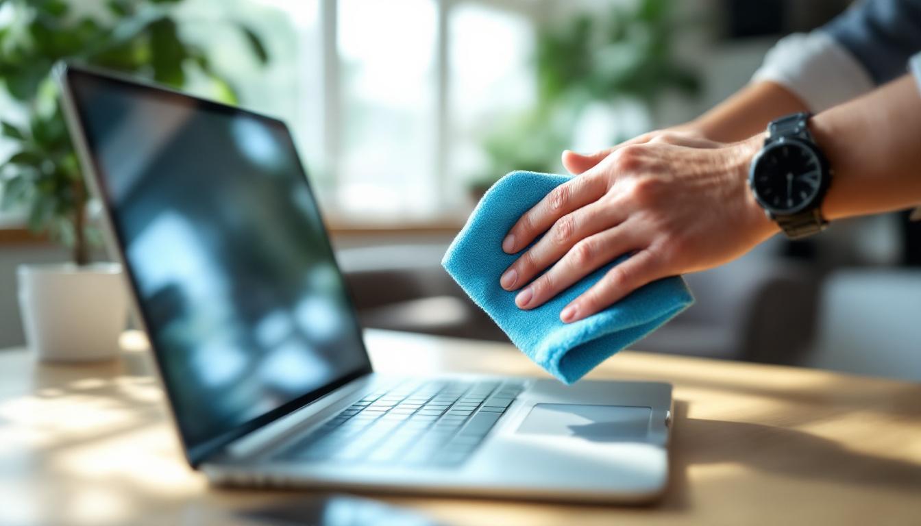 maak je laptopscherm alleen schoon met een microvezeldoek om schade te voorkomen en je scherm helder te houden.