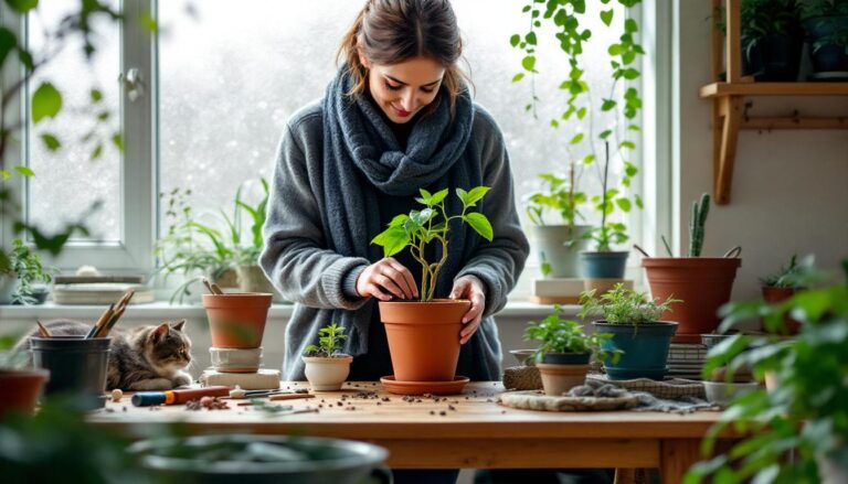 het regelmatig draaien van plantenpotten helpt scheefgroei van planten tijdens de winter te voorkomen en zorgt voor een gelijkmatige lichtverdeling.