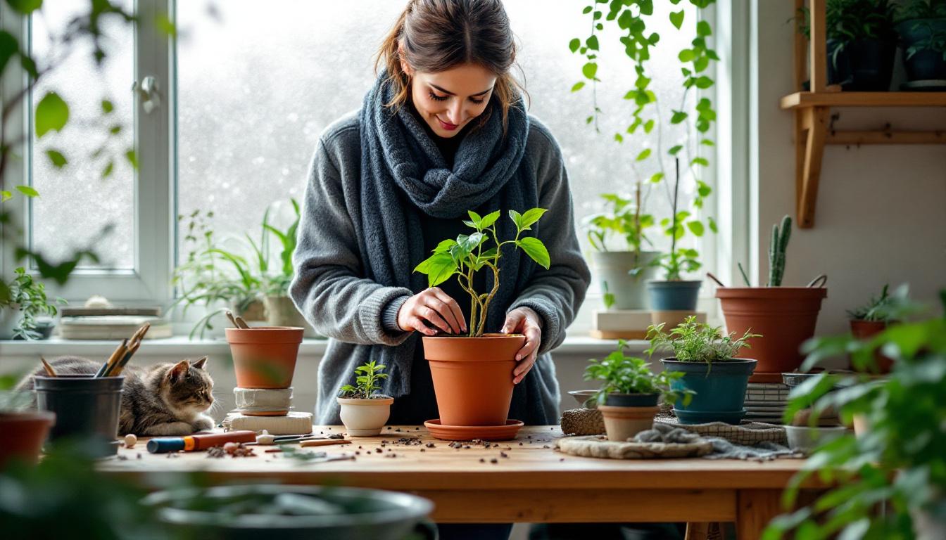 het regelmatig draaien van plantenpotten helpt scheefgroei van planten tijdens de winter te voorkomen en zorgt voor een gelijkmatige lichtverdeling.
